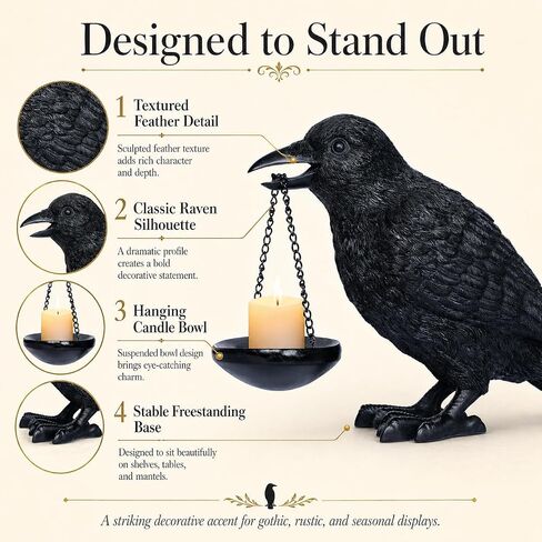 Gothic Crow Lamp with Tealight Candle Holder Raven Statue Halloween Decor Black Bird Decorations Indoor Gothic Home Decor for Living Room Tabletop Shelf Bedroom Unique Goth Witchy Gifts in Kuwait