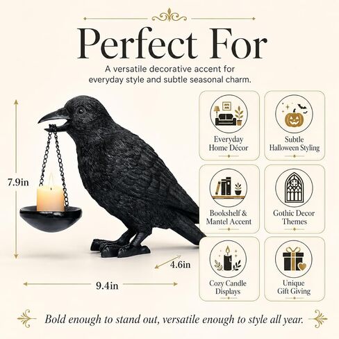 Gothic Crow Lamp with Tealight Candle Holder Raven Statue Halloween Decor Black Bird Decorations Indoor Gothic Home Decor for Living Room Tabletop Shelf Bedroom Unique Goth Witchy Gifts in Kuwait