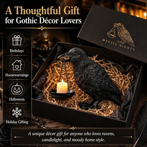 Gothic Crow Lamp with Tealight Candle Holder Raven Statue Halloween Decor Black Bird Decorations Indoor Gothic Home Decor for Living Room Tabletop Shelf Bedroom Unique Goth Witchy Gifts in Kuwait