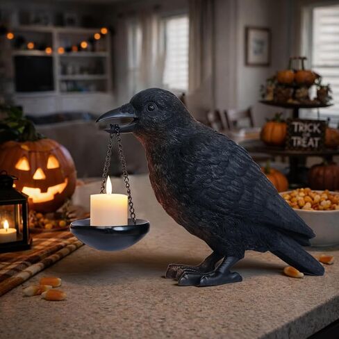 Gothic Crow Lamp with Tealight Candle Holder Raven Statue Halloween Decor Black Bird Decorations Indoor Gothic Home Decor for Living Room Tabletop Shelf Bedroom Unique Goth Witchy Gifts in Kuwait