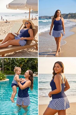 Tempt Me Women Plus Size Tankini with Swim Skirt - Tummy Control Two Piece Swimsuits Scoop Neck Bathing Suits in Kuwait