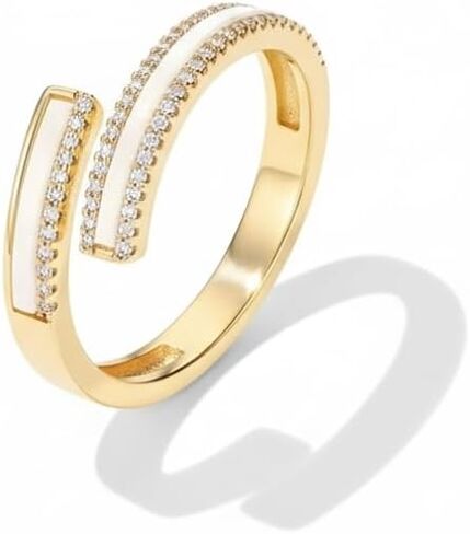 Gold Plated Adjustable Open Wrap Ring, Cubic Zirconia & Mother of Pearl Inlay Minimalist Geometric Statement Ring, Stackable Fashion Jewelry Gift for Women in Saudi Arabia