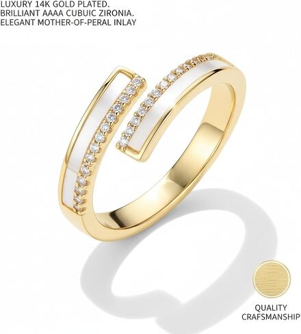 Gold Plated Adjustable Open Wrap Ring, Cubic Zirconia & Mother of Pearl Inlay Minimalist Geometric Statement Ring, Stackable Fashion Jewelry Gift for Women in Saudi Arabia