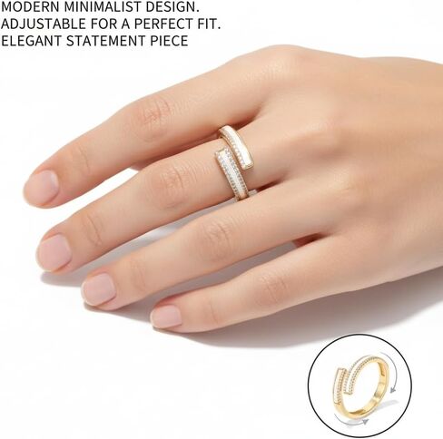 Gold Plated Adjustable Open Wrap Ring, Cubic Zirconia & Mother of Pearl Inlay Minimalist Geometric Statement Ring, Stackable Fashion Jewelry Gift for Women in Saudi Arabia