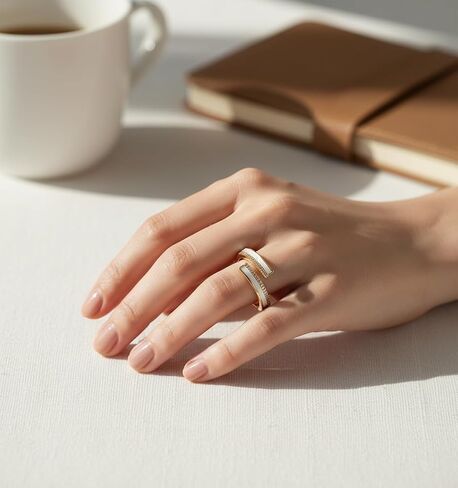 Gold Plated Adjustable Open Wrap Ring, Cubic Zirconia & Mother of Pearl Inlay Minimalist Geometric Statement Ring, Stackable Fashion Jewelry Gift for Women in Saudi Arabia
