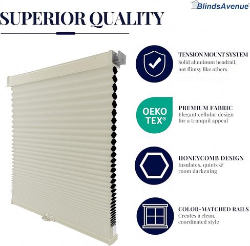 BlindsAvenue Cordless Cellular Shades, Tension Mount, No Tools No Drill, Thermal Insulation, Room Darkening Blackout Honeycomb Blind for Indoor Windows, Color: Bamboo Pebble, Size: 30" W x 48" H in Saudi Arabia