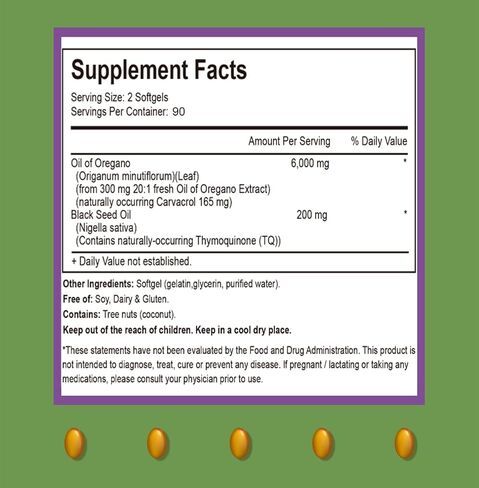 Oil of Oregano Softgels with Black Seed Oil, 6000mg High Potency Oregano Oil Capsules for Immune Support, Gut Function Support, Carvacrol & Thymoquinone, Non-GMO, Gluten Free,180 Softgels in Saudi Arabia