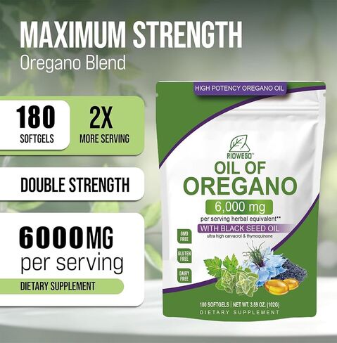 Oil of Oregano Softgels with Black Seed Oil, 6000mg High Potency Oregano Oil Capsules for Immune Support, Gut Function Support, Carvacrol & Thymoquinone, Non-GMO, Gluten Free,180 Softgels in Saudi Arabia