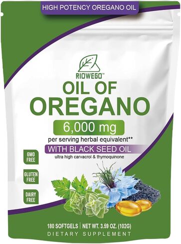 Oil of Oregano Softgels with Black Seed Oil, 6000mg High Potency Oregano Oil Capsules for Immune Support, Gut Function Support, Carvacrol & Thymoquinone, Non-GMO, Gluten Free,180 Softgels in Saudi Arabia