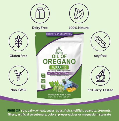 Oil of Oregano Softgels with Black Seed Oil, 6000mg High Potency Oregano Oil Capsules for Immune Support, Gut Function Support, Carvacrol & Thymoquinone, Non-GMO, Gluten Free,180 Softgels in Saudi Arabia