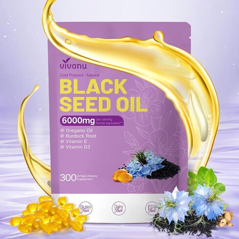 VivoNu Black Seed Oil Capsules, Black Seed Oil Organic Cold Pressed,6000mg,300 Count | 9-in-1 Formula with Oil of Oregano,Burdock Root,TQ & THQ,Vitamin E&D3 | Non-GMO,Immune Support in Kuwait