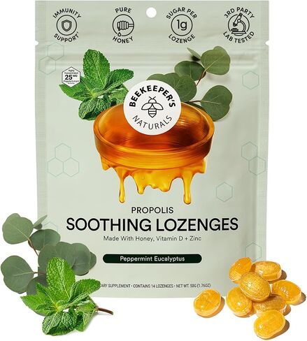 Beekeeper's Naturals Soothing Mint Eucalyptus Cough Drops, Immune Support with Vitamin D, Zinc and Propolis, Cooling & Throat Soothing Lozenges, 14 Ct in Saudi Arabia