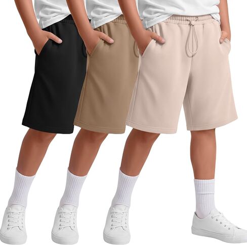 3 Pack Boy's Shorts Kids Athletic Knee Length Short Summer Baggy Sports Loose Casual Pull on SweatShorts 5-14 Years in Kuwait