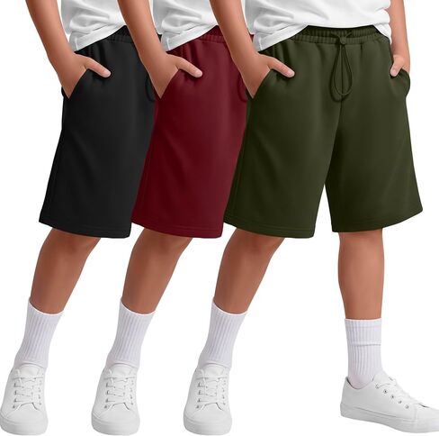 3 Pack Boy's Shorts Kids Athletic Knee Length Short Summer Baggy Sports Loose Casual Pull on SweatShorts 5-14 Years in Kuwait