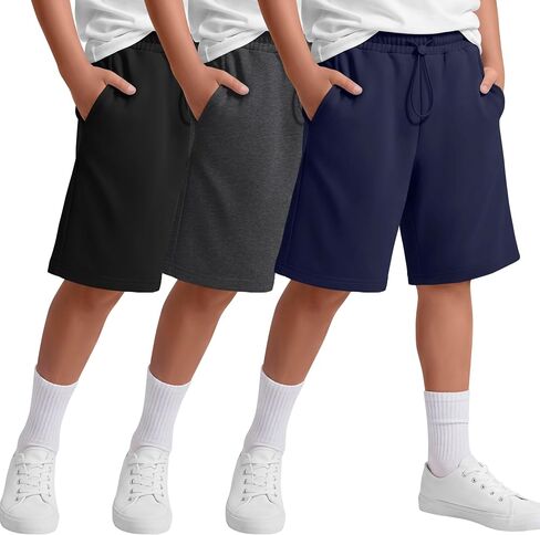 3 Pack Boy's Shorts Kids Athletic Knee Length Short Summer Baggy Sports Loose Casual Pull on SweatShorts 5-14 Years in Kuwait