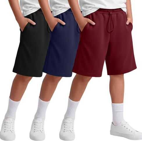 3 Pack Boy's Shorts Kids Athletic Knee Length Short Summer Baggy Sports Loose Casual Pull on SweatShorts 5-14 Years in Kuwait