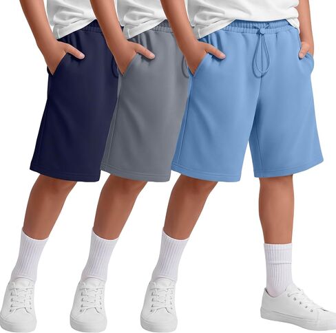 3 Pack Boy's Shorts Kids Athletic Knee Length Short Summer Baggy Sports Loose Casual Pull on SweatShorts 5-14 Years in Kuwait
