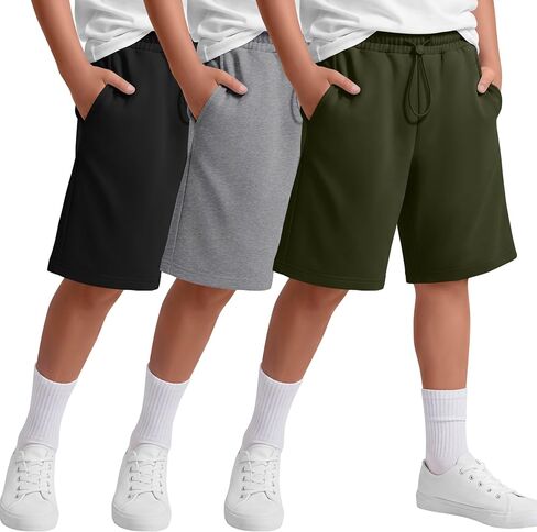 3 Pack Boy's Shorts Kids Athletic Knee Length Short Summer Baggy Sports Loose Casual Pull on SweatShorts 5-14 Years in Kuwait