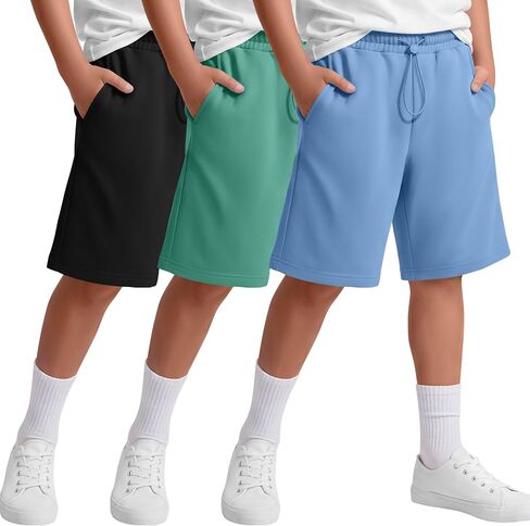 3 Pack Boy's Shorts Kids Athletic Knee Length Short Summer Baggy Sports Loose Casual Pull on SweatShorts 5-14 Years in Kuwait