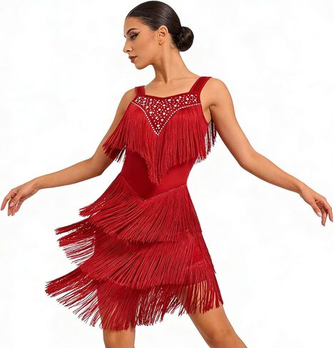 Rhinestones Layered Fringe Dress Ballroom Latin Dance Dress for Women Tassel Flapper 1920s Gatsby Salsa Tango Dancing Outfit in Kuwait