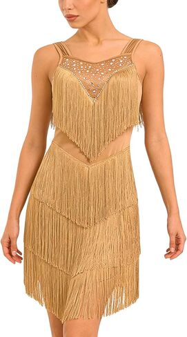 Rhinestones Layered Fringe Dress Ballroom Latin Dance Dress for Women Tassel Flapper 1920s Gatsby Salsa Tango Dancing Outfit in Kuwait