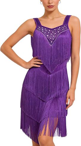 Rhinestones Layered Fringe Dress Ballroom Latin Dance Dress for Women Tassel Flapper 1920s Gatsby Salsa Tango Dancing Outfit in Kuwait