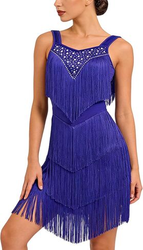 Rhinestones Layered Fringe Dress Ballroom Latin Dance Dress for Women Tassel Flapper 1920s Gatsby Salsa Tango Dancing Outfit in Kuwait