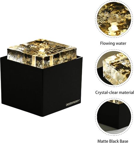 Modern Crystal Water Fountain with LED Light, 7.09 Inch Square Quiet Desktop Water Feature, Zen Relaxation Decor for Home Office Bedroom, Feng Shui Ornament, Ideal Housewarming Gift in Saudi Arabia
