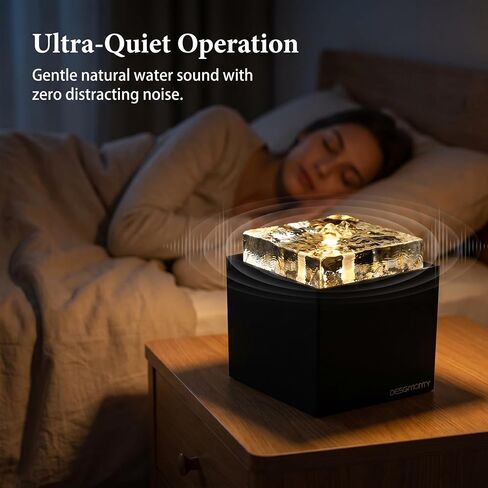 Modern Crystal Water Fountain with LED Light, 7.09 Inch Square Quiet Desktop Water Feature, Zen Relaxation Decor for Home Office Bedroom, Feng Shui Ornament, Ideal Housewarming Gift in Saudi Arabia