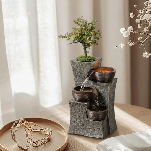 Tabletop Water Fountain Cascading with Planter 3-Tier Indoor Zen Fountain Desk Water Decorative Home Decor Office Decoration in Kuwait