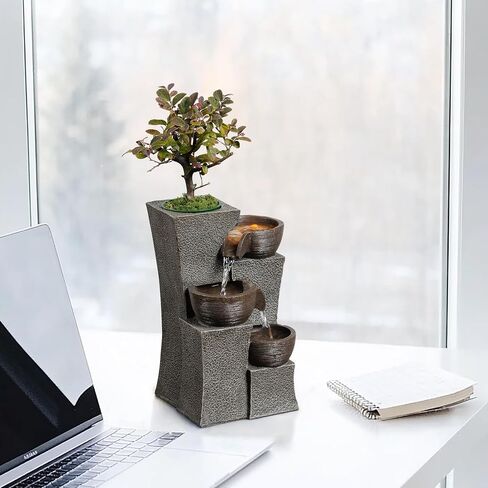 Tabletop Water Fountain Cascading with Planter 3-Tier Indoor Zen Fountain Desk Water Decorative Home Decor Office Decoration in Kuwait