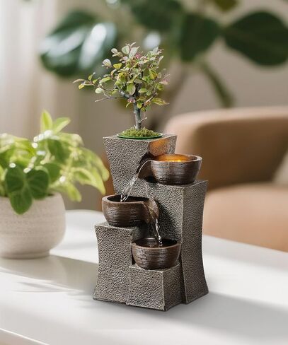 Tabletop Water Fountain Cascading with Planter 3-Tier Indoor Zen Fountain Desk Water Decorative Home Decor Office Decoration in Kuwait