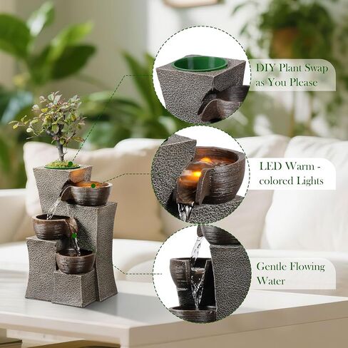 Tabletop Water Fountain Cascading with Planter 3-Tier Indoor Zen Fountain Desk Water Decorative Home Decor Office Decoration in Kuwait