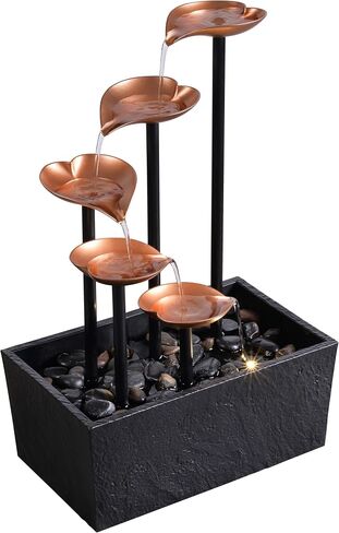 14" Tabletop Water Fountain, Indoor Desktop Fountain with Copper Leaf Design & LED Light, Splash-Free Zen Decor for Home, Office, Meditation, Yoga, Gift in Saudi Arabia