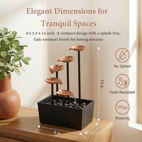 14" Tabletop Water Fountain, Indoor Desktop Fountain with Copper Leaf Design & LED Light, Splash-Free Zen Decor for Home, Office, Meditation, Yoga, Gift in Saudi Arabia