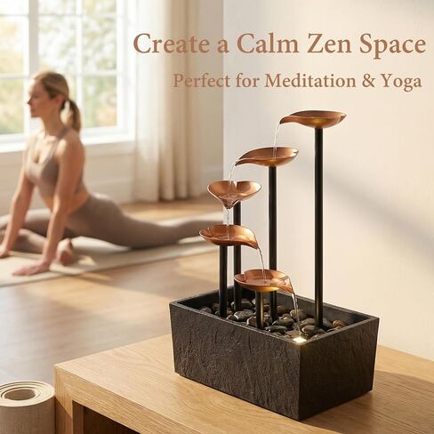 14" Tabletop Water Fountain, Indoor Desktop Fountain with Copper Leaf Design & LED Light, Splash-Free Zen Decor for Home, Office, Meditation, Yoga, Gift in Saudi Arabia