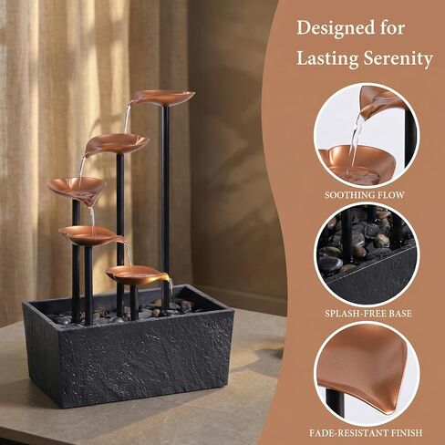 14" Tabletop Water Fountain, Indoor Desktop Fountain with Copper Leaf Design & LED Light, Splash-Free Zen Decor for Home, Office, Meditation, Yoga, Gift in Saudi Arabia