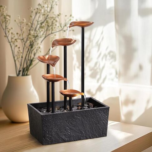 14" Tabletop Water Fountain, Indoor Desktop Fountain with Copper Leaf Design & LED Light, Splash-Free Zen Decor for Home, Office, Meditation, Yoga, Gift in Saudi Arabia