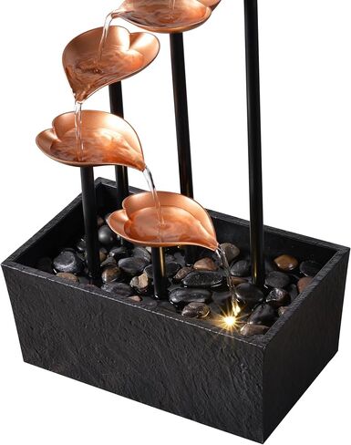 14" Tabletop Water Fountain, Indoor Desktop Fountain with Copper Leaf Design & LED Light, Splash-Free Zen Decor for Home, Office, Meditation, Yoga, Gift in Saudi Arabia