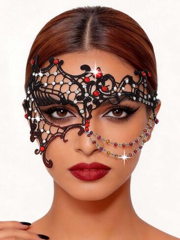 Bounzhi Black Lace Masquerade Mask for Women Crystal Party Prom Costume Venetian Mari Gras Half Face Masks in Kuwait