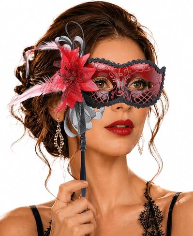 Zinniday 2026 Masquerade Mask with Stick, Elegant Venetian Antique Masks with Detachable Feather for Women Men Renaissance in Kuwait