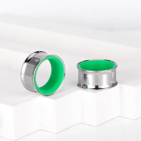مقاييس الأذن 2G(6mm)-1"(25mm) مجوفة 316L من الفولاذ المقاوم للصدأ سدادات أذن مزدوجة متوهجة أنفاق ممتدة ثقب الجسم مجوهرات للنساء والرجال (فضي أخضر، 6 مم (2G)) in Kuwait