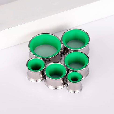 مقاييس الأذن 2G(6mm)-1"(25mm) مجوفة 316L من الفولاذ المقاوم للصدأ سدادات أذن مزدوجة متوهجة أنفاق ممتدة ثقب الجسم مجوهرات للنساء والرجال (فضي أخضر، 6 مم (2G)) in Kuwait