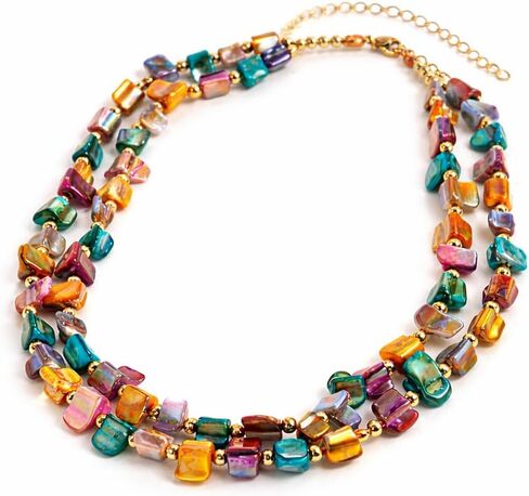 Colorful Beaded Necklace for Women, Layered Gemstone Style Necklace, Multi Strand Chunky Bead Necklace, Boho Statement Jewelry, Vacation Resort Fashion Gift in Saudi Arabia