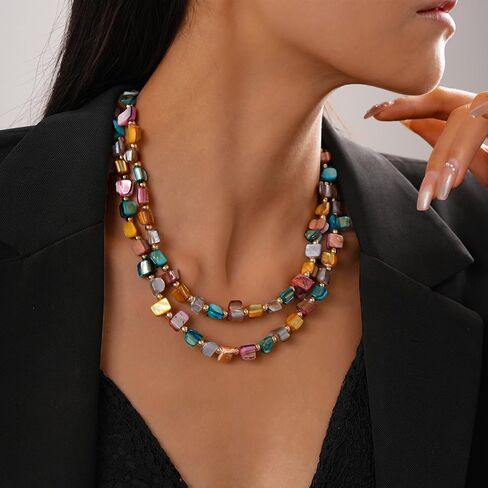 Colorful Beaded Necklace for Women, Layered Gemstone Style Necklace, Multi Strand Chunky Bead Necklace, Boho Statement Jewelry, Vacation Resort Fashion Gift in Saudi Arabia
