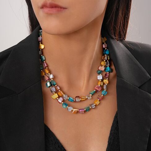 Colorful Beaded Necklace for Women, Layered Gemstone Style Necklace, Multi Strand Chunky Bead Necklace, Boho Statement Jewelry, Vacation Resort Fashion Gift in Saudi Arabia