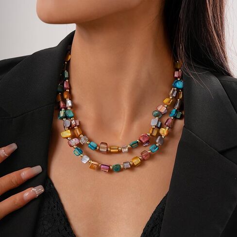 Colorful Beaded Necklace for Women, Layered Gemstone Style Necklace, Multi Strand Chunky Bead Necklace, Boho Statement Jewelry, Vacation Resort Fashion Gift in Saudi Arabia