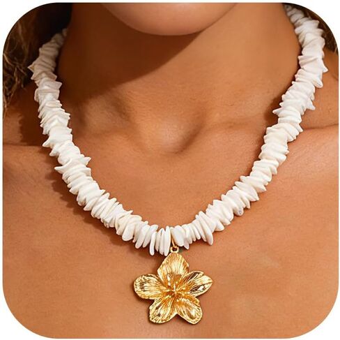Puka Shell Necklace for Women Flower Starfish Statement Pendant Necklace Boho Beach Choker Hawaiian Necklaces Surfer Jewelry in Saudi Arabia