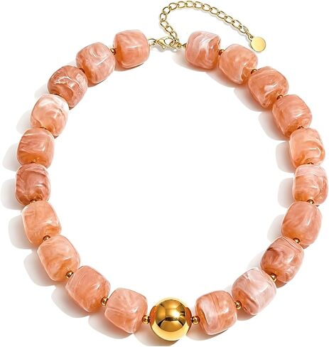 Chunky Beaded Necklace for Women Acrylic Resin Big Round White Brown Beaded Necklace Boho Statement Bead Necklaces for Women Trendy Festive Art Daily Outfits in Saudi Arabia
