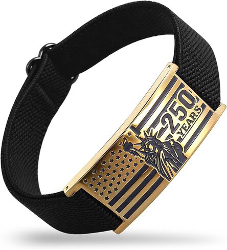 USA 250th Anniversary bracelet - Adjustable Black Nylon Cord with Patriotic Stainless Steel Charm (4.3x2 cm) | America 250 Merchandise & 250th Anniver Gifts for Men and Women in Saudi Arabia